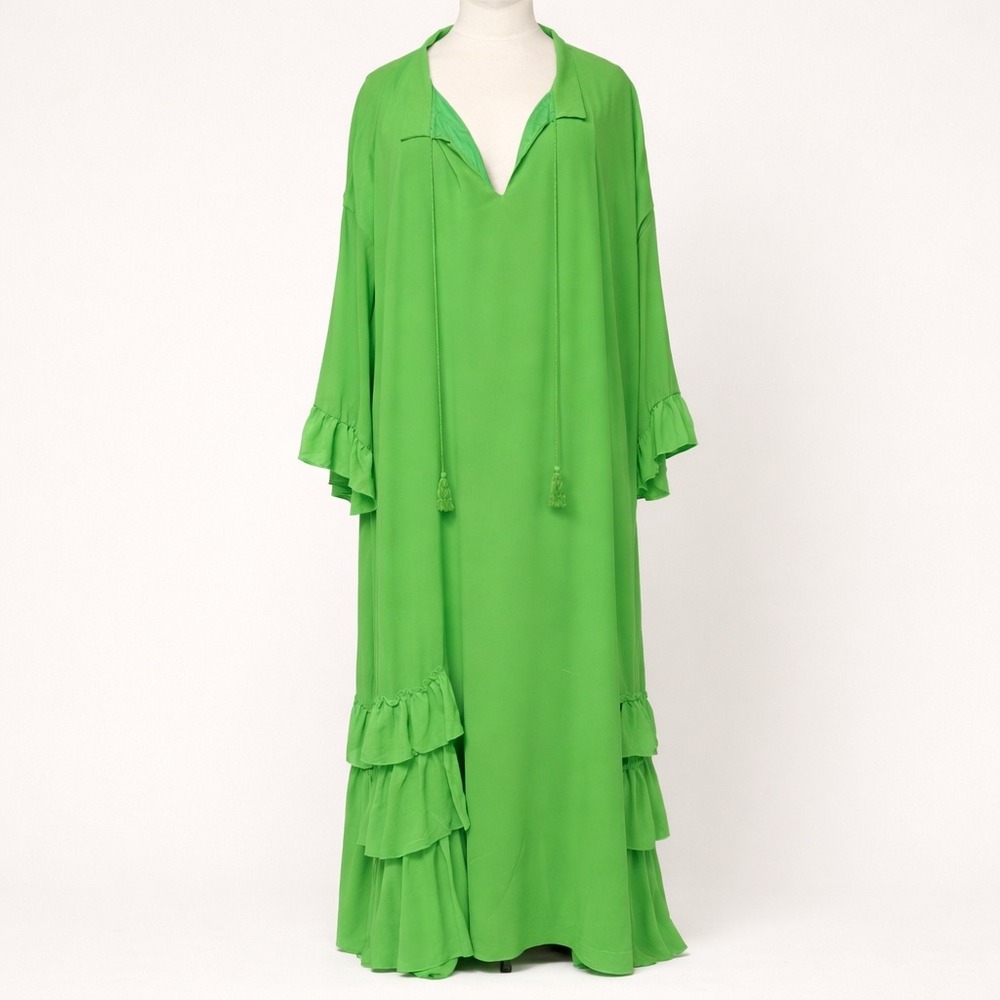 NWT Boohoo Plus Size 22 Green Maxi Dress Boho Tiered Ruffle Tassel Flowy